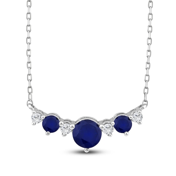 Natural Blue Sapphire & Diamond Curved Bar Necklace 1/8 ct tw 14K White Gold 18"