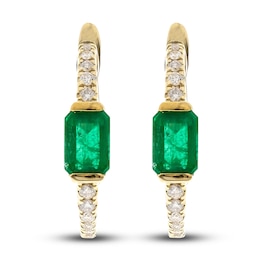 Natural Emerald Hoop Earrings 1/4 ct tw Diamonds 14K Yellow Gold