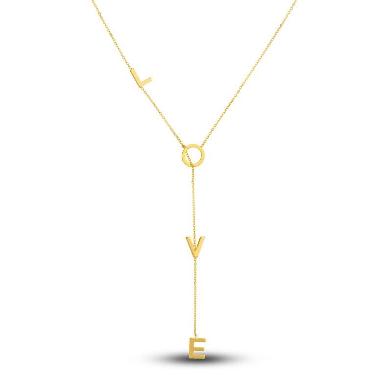 Main Image 1 of "LOVE" Lariat Necklace 14K Yellow Gold 16" Adj.