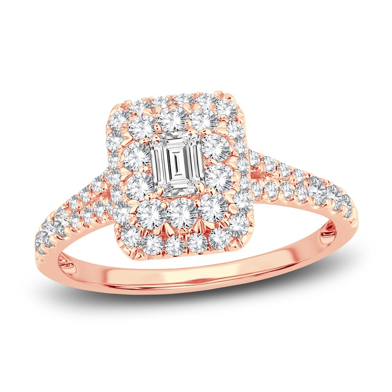 Main Image 1 of Diamond Double Halo Engagement Ring 1 ct tw Emerald/Round 14K Rose Gold