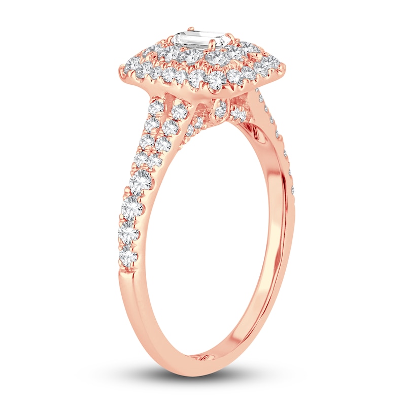 Main Image 2 of Diamond Double Halo Engagement Ring 1 ct tw Emerald/Round 14K Rose Gold
