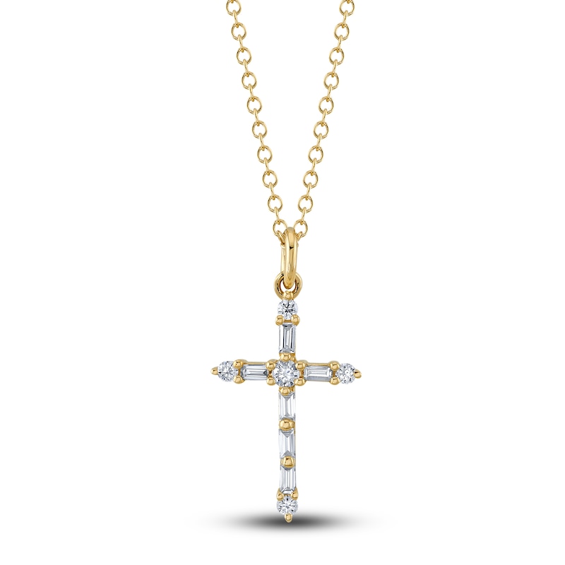 Main Image 1 of Shy Creation Diamond Cross Pendant Necklace 1/8 ct tw Baguette/Round 14K Yellow Gold 18" SC55024397
