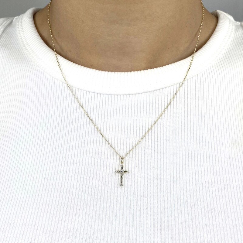 Main Image 4 of Shy Creation Diamond Cross Pendant Necklace 1/8 ct tw Baguette/Round 14K Yellow Gold 18" SC55024397