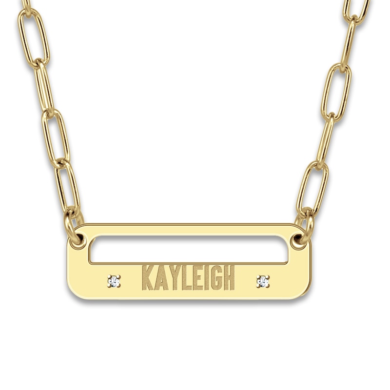 Main Image 1 of Engravable High-Polish Bar Necklace Diamond Accents 14K Yellow Gold 18" 26mm
