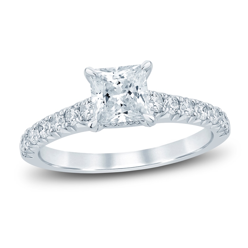 Main Image 1 of Diamond Hidden Halo Engagement Ring 1-1/2 ct tw Princess/Round 14K White Gold