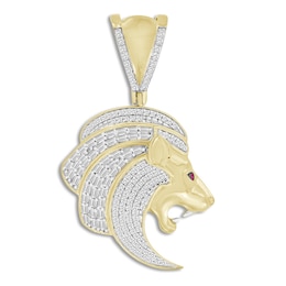 Men's Diamond & Lab Created Ruby Lion Charm 1/2 ct tw Round/Baguette 10K Yellow Gold