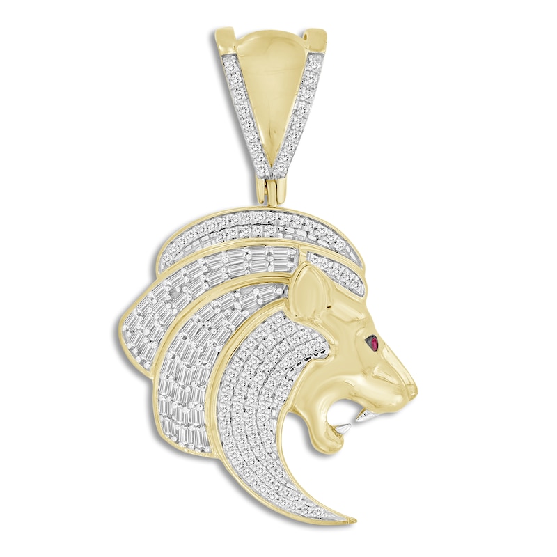 Main Image 1 of Men's Diamond & Lab Created Ruby Lion Charm 1/2 ct tw Round/Baguette 10K Yellow Gold