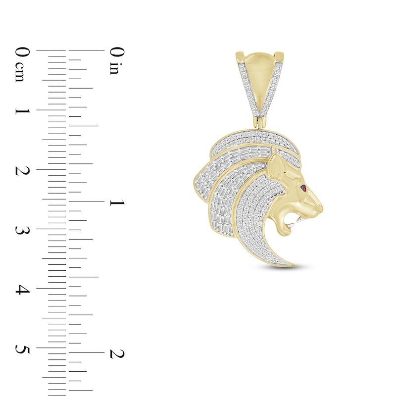 Main Image 2 of Men's Diamond & Lab Created Ruby Lion Charm 1/2 ct tw Round/Baguette 10K Yellow Gold