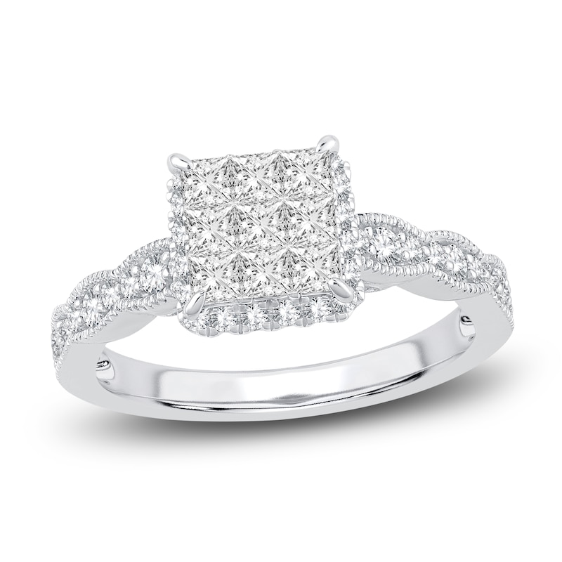Main Image 1 of Princess & Round-Cut Diamond Illusion Ring 1 ct tw 14K White Gold