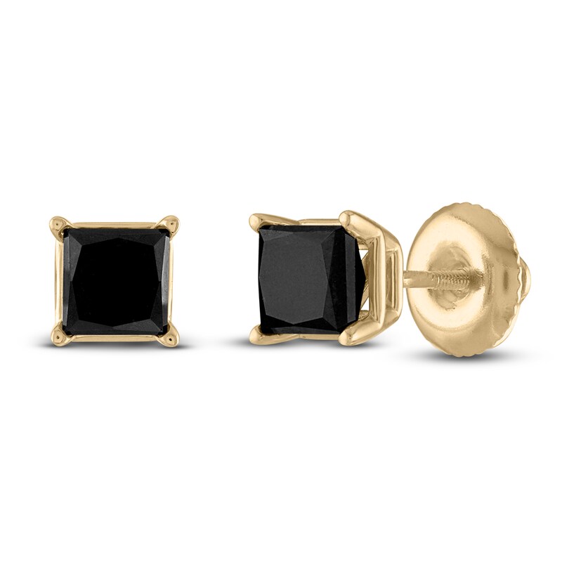 Main Image 2 of Black Diamond Solitaire Stud Earrings 1-1/2 ct tw Princess 10K Yellow Gold