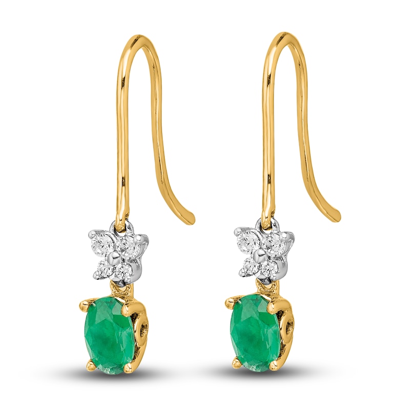 Main Image 2 of Natural Emerald Dangle Earrings 1/6 ct tw Diamonds 14K Yellow Gold