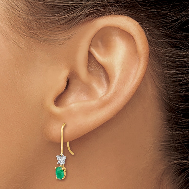 Main Image 3 of Natural Emerald Dangle Earrings 1/6 ct tw Diamonds 14K Yellow Gold
