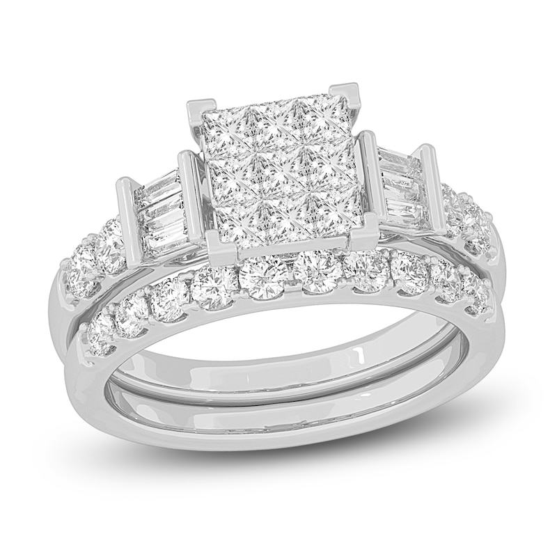 Main Image 1 of Diamond Bridal Set 1-1/2 ct tw Princess/Baguette/ Round 14K White Gold