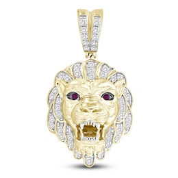 Men's Diamond & Lab Created Ruby Lion Charm 1/2 ct tw Round 10K Yellow Gold
