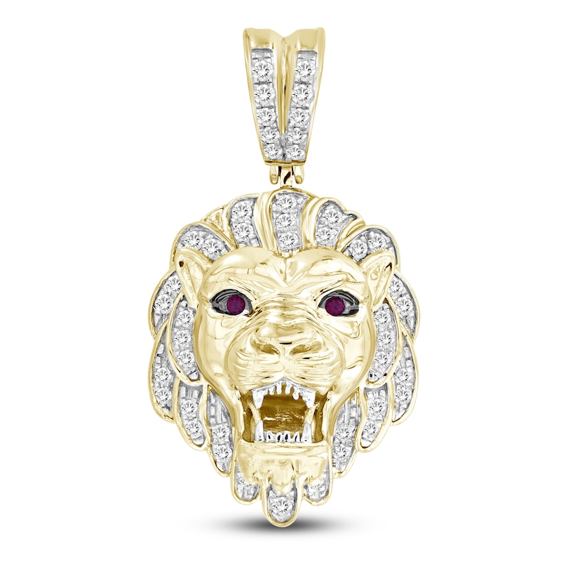 Main Image 1 of Men's Diamond & Lab Created Ruby Lion Charm 1/2 ct tw Round 10K Yellow Gold