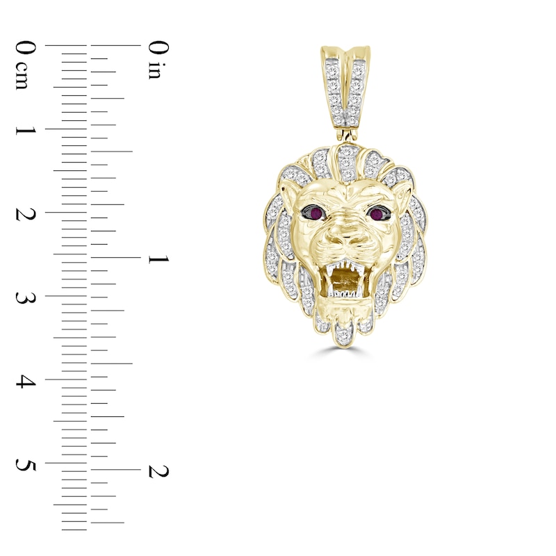 Main Image 2 of Men's Diamond & Lab Created Ruby Lion Charm 1/2 ct tw Round 10K Yellow Gold