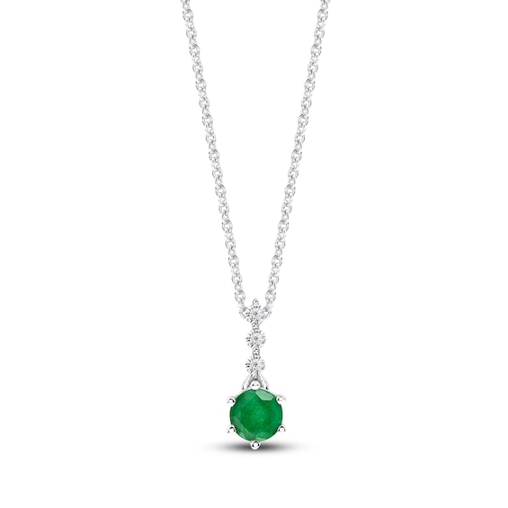 Round-Cut Natural Emerald & Diamond Pendant Necklace 1/20 ct tw 14K White Gold 18"