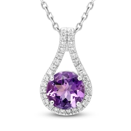 Natural Amethyst & White Lab-Created Sapphire Teardrop Halo Necklace Sterling Silver 18"