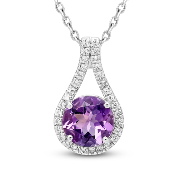 Natural Amethyst & White Lab-Created Sapphire Teardrop Halo Necklace Sterling Silver 18"