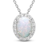 Thumbnail Image 1 of Oval-Cut Lab-Created Opal & White Lab-Created Sapphire Halo Necklace Sterling Silver 18"