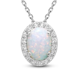 Oval-Cut Lab-Created Opal & White Lab-Created Sapphire Halo Necklace Sterling Silver 18"