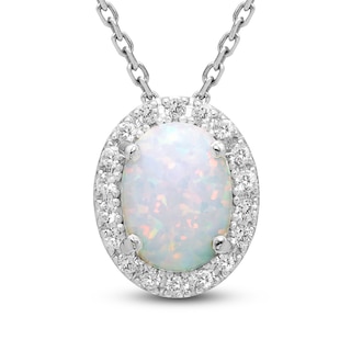 Oval-Cut Lab-Created Opal & White Lab-Created Sapphire Halo Necklace Sterling Silver 18"