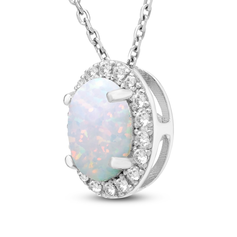 Main Image 2 of Oval-Cut Lab-Created Opal & White Lab-Created Sapphire Halo Necklace Sterling Silver 18"