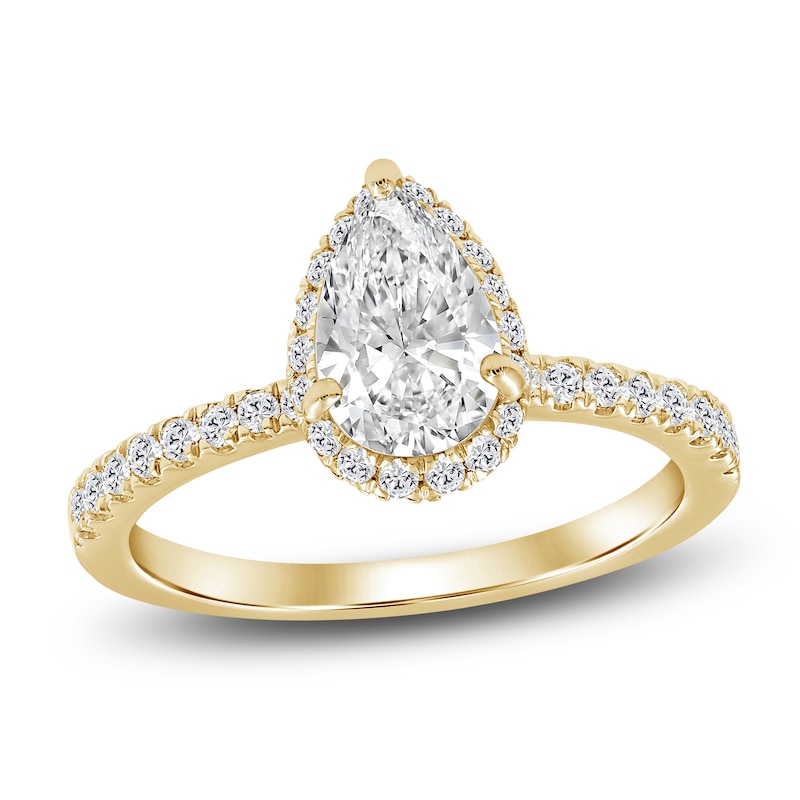 Main Image 1 of Pear-Shaped Lab-Grown Diamond Halo Engagement Ring 1-1/2 ct tw 14K Yellow Gold