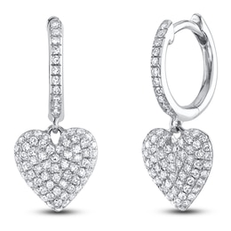 Shy Creation Diamond Pavé Heart Dangle Hoop Earrings 1/3 ct tw 14K White Gold SC55026128