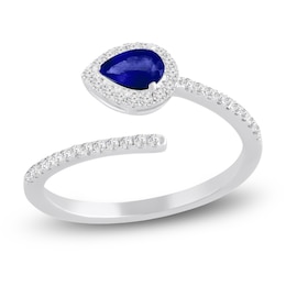 Pear-Shaped Natural Blue Sapphire & Diamond Halo Deconstructed Ring 1/6 ct tw 10K White Gold