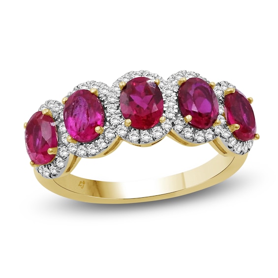 Oval-Cut Natural Ruby & Diamond Five Stone Ring 1/3 ct tw 10K Yellow Gold