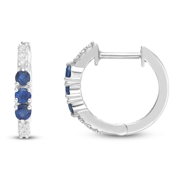 Natural Blue Sapphire & Diamond Three-Stone Huggie Hoop Earrings 1/15 ct tw 10K White Gold