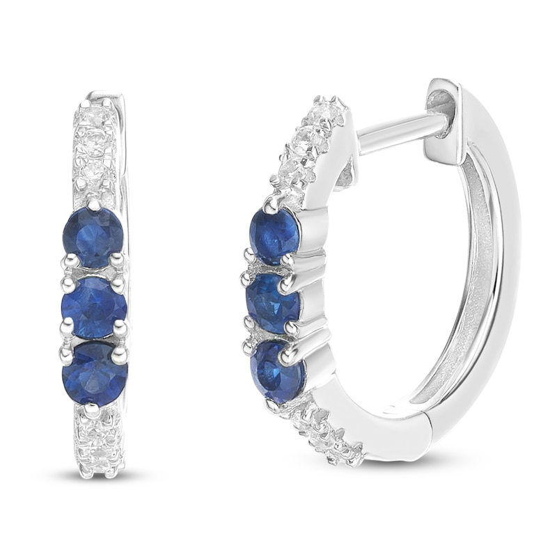 Main Image 2 of Natural Blue Sapphire & Diamond Three-Stone Huggie Hoop Earrings 1/15 ct tw 10K White Gold