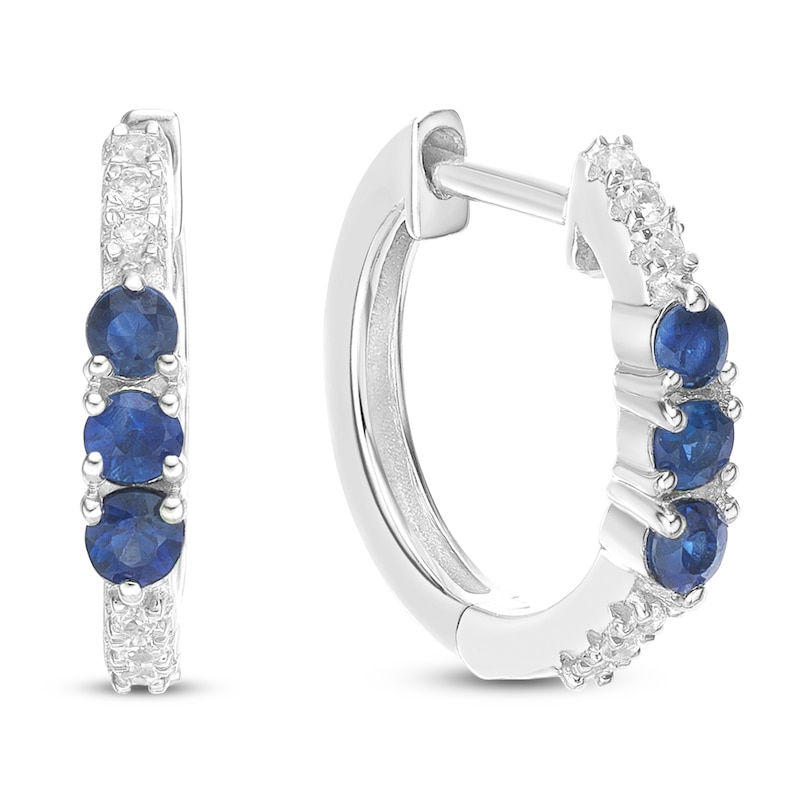 Main Image 3 of Natural Blue Sapphire & Diamond Three-Stone Huggie Hoop Earrings 1/15 ct tw 10K White Gold