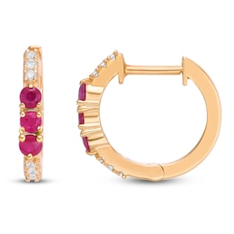 Natural Ruby & Diamond Three-Stone Huggie Hoop Earrings 1/15 ct tw 10K Yellow Gold