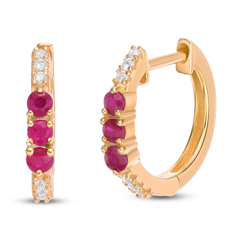 Main Image 2 of Natural Ruby & Diamond Three-Stone Huggie Hoop Earrings 1/15 ct tw 10K Yellow Gold