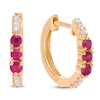 Thumbnail Image 3 of Natural Ruby & Diamond Three-Stone Huggie Hoop Earrings 1/15 ct tw 10K Yellow Gold