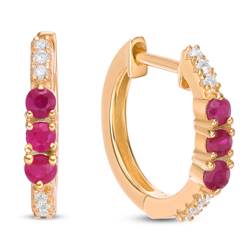 Main Image 3 of Natural Ruby & Diamond Three-Stone Huggie Hoop Earrings 1/15 ct tw 10K Yellow Gold