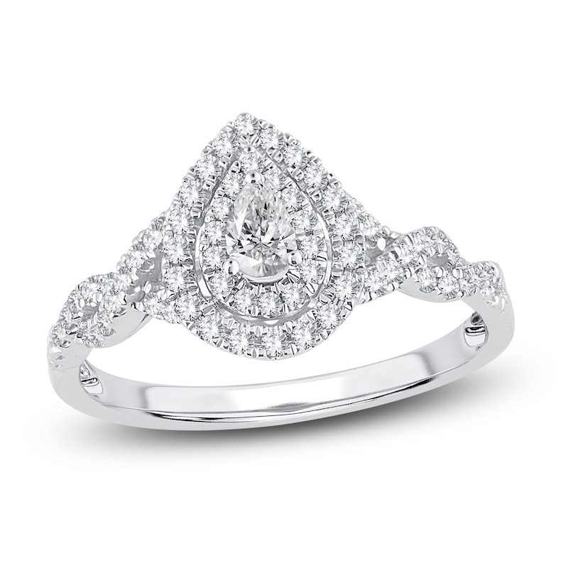 Main Image 1 of Diamond Halo Engagement Ring 3/8 ct tw Pear/Round 14K White Gold