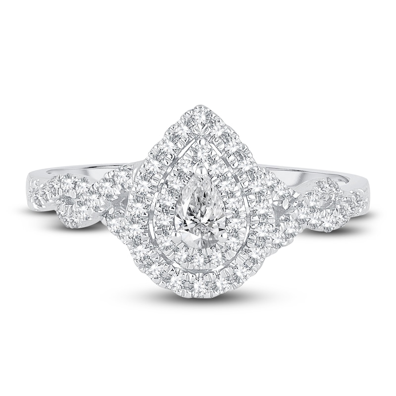 Main Image 3 of Diamond Halo Engagement Ring 3/8 ct tw Pear/Round 14K White Gold