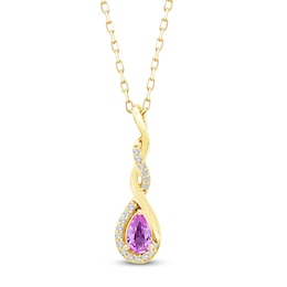 Pear-Shaped Natural Pink Sapphire & Diamond Twist Drop Necklace 1/20 ct tw 10K Yellow Gold