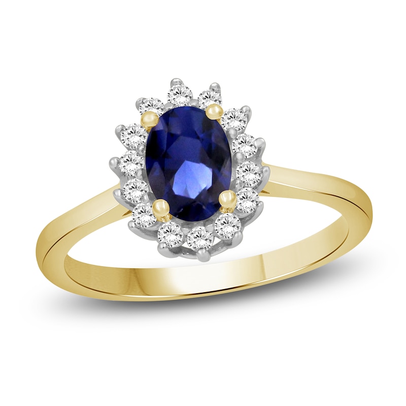 Main Image 1 of Oval-Cut Natural Blue Sapphire & Diamond Starburst Halo Ring 1/5 ct tw 14K Yellow Gold