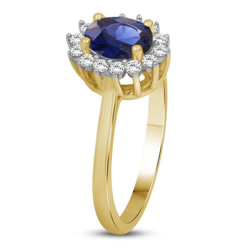 Main Image 2 of Oval-Cut Natural Blue Sapphire & Diamond Starburst Halo Ring 1/5 ct tw 14K Yellow Gold