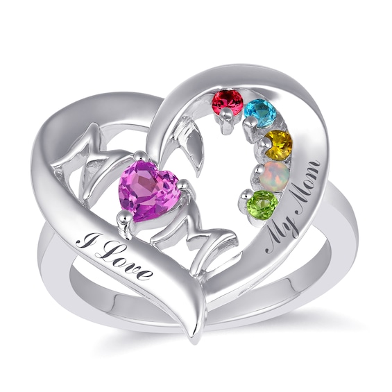 Birthstone Family & Mother's Heart Ring (2-6 Stones and 2 Lines)
