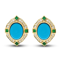 Natural Emerald & Natural Turquoise Earrings 1/3 ct tw Diamonds 14K Yellow Gold