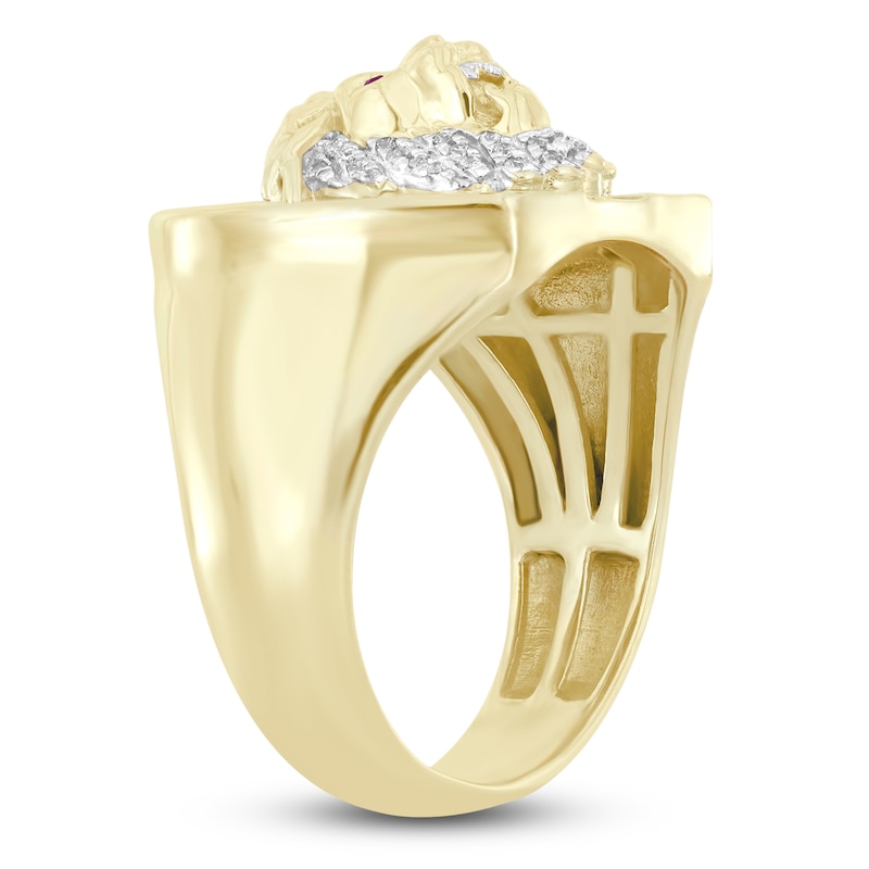 Main Image 2 of Men's Diamond & Lab-Created Ruby Lion Ring 1/2 ct tw Round/Baguette 10K Yellow Gold