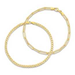 Solid Curb & Paperclip Chain Bracelet Set 14K Yellow Gold 8"