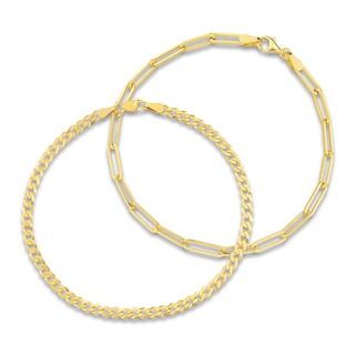 Solid Curb & Paperclip Chain Bracelet Set 14K Yellow Gold 8"