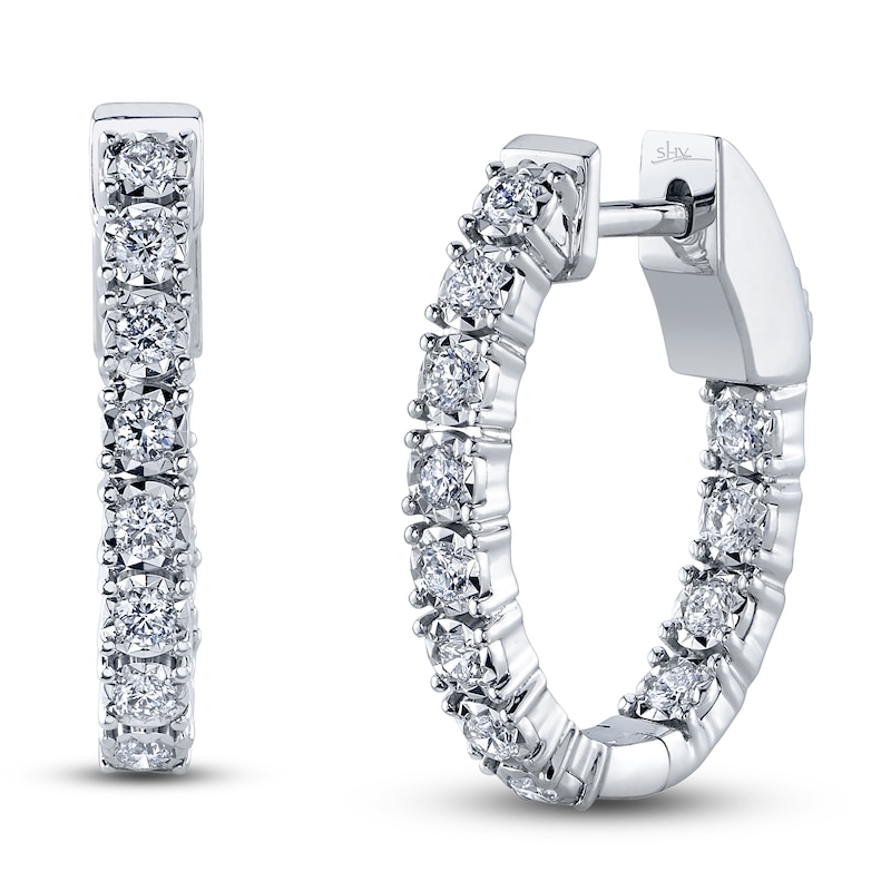 Main Image 1 of Shy Creation Diamond Oval Hoop Earrings 3/8 ct tw Round 14K White Gold SC55009478H0.75
