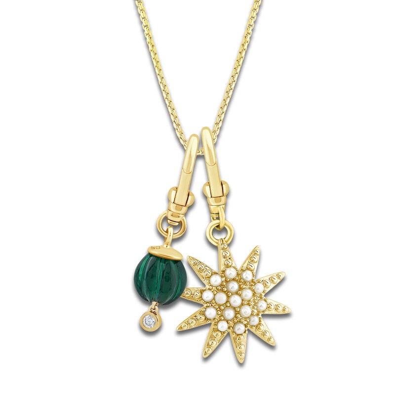 Main Image 1 of Charm'd by Lulu Frost Freshwater Cultured Pearl Star & Lab-Created Emerald Birthstone Diamond Accent Charm 18" Box Chain Necklace Set 10K Yellow Gold